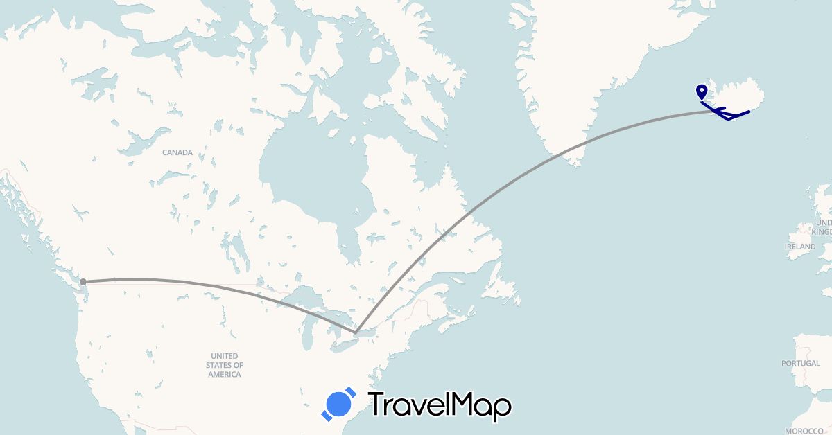 TravelMap itinerary: driving, plane in Canada, Iceland (Europe, North America)